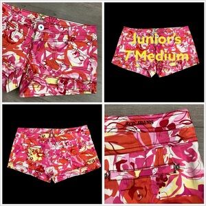 Junior's ZCO Jeans 7 Medium Shorts Shortie Chino Khakis Red Pink Floral Stretch
